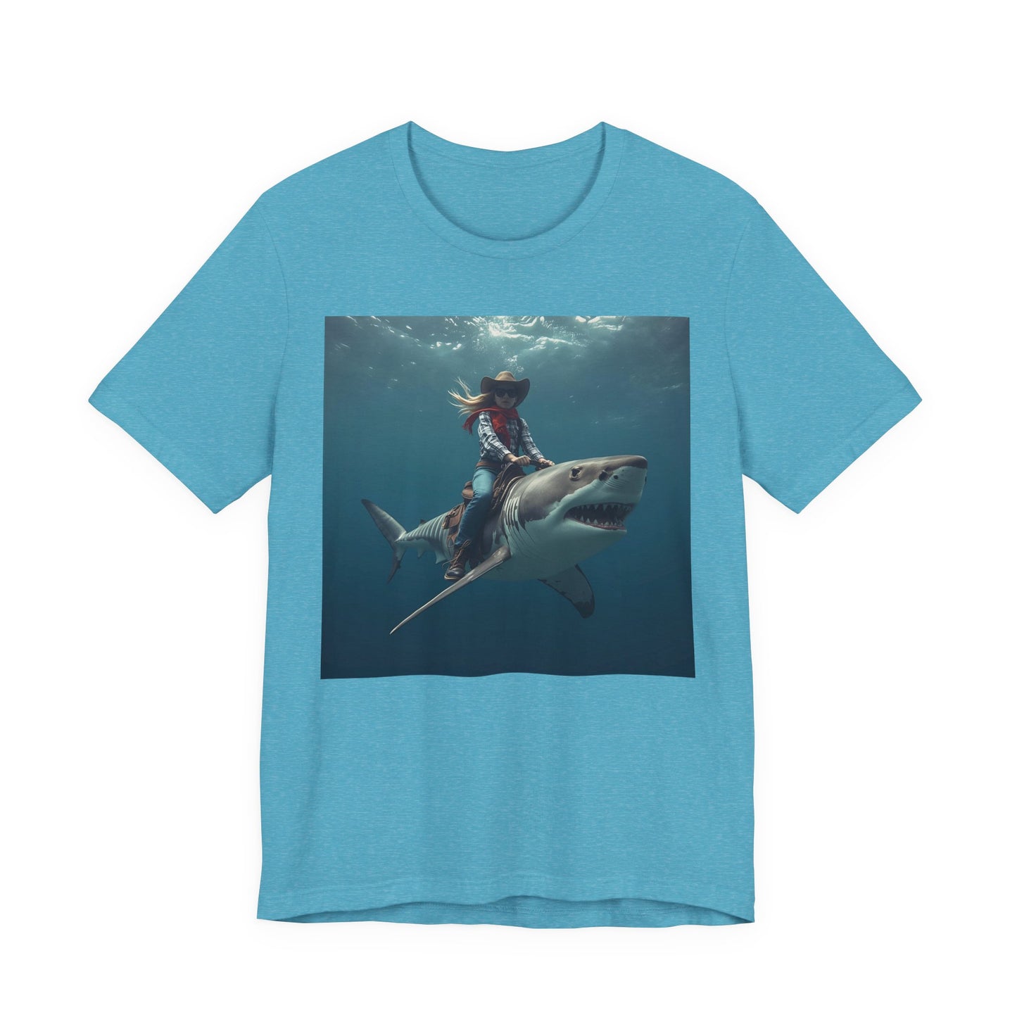 Shark Rider Graphic Tee — Surfer Girl Riding Shark Ocean Photo T-Shirt