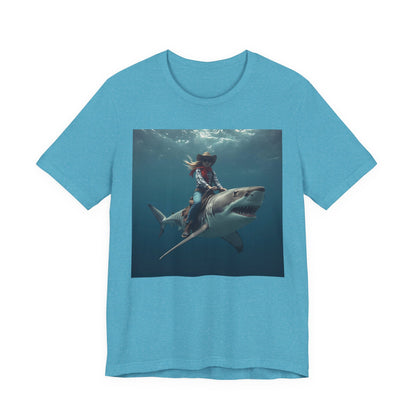 Shark Rider Graphic Tee — Surfer Girl Riding Shark Ocean Photo T-Shirt