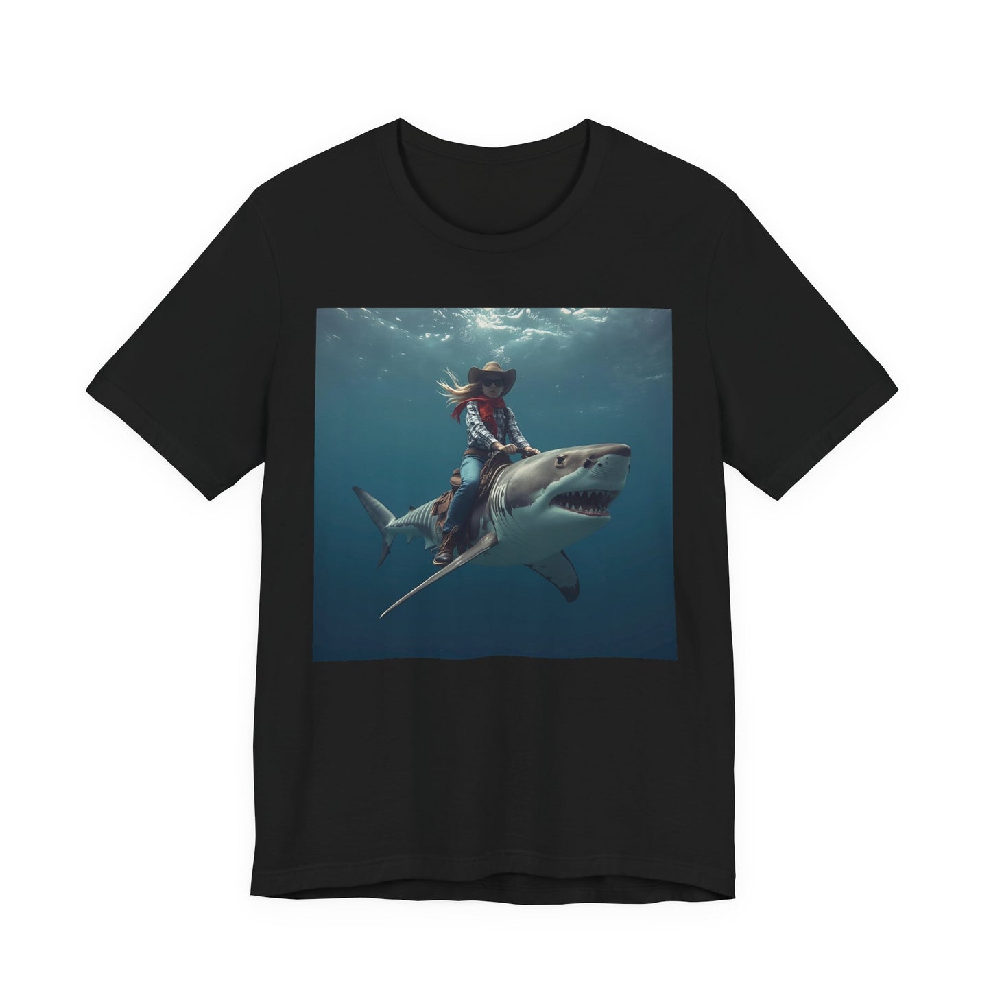 Shark Rider Graphic Tee — Surfer Girl Riding Shark Ocean Photo T-Shirt