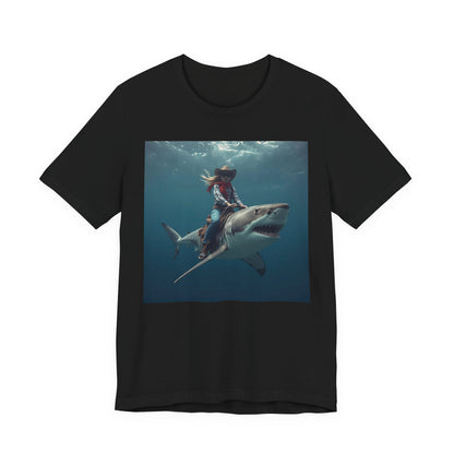 Shark Rider Graphic Tee — Surfer Girl Riding Shark Ocean Photo T-Shirt