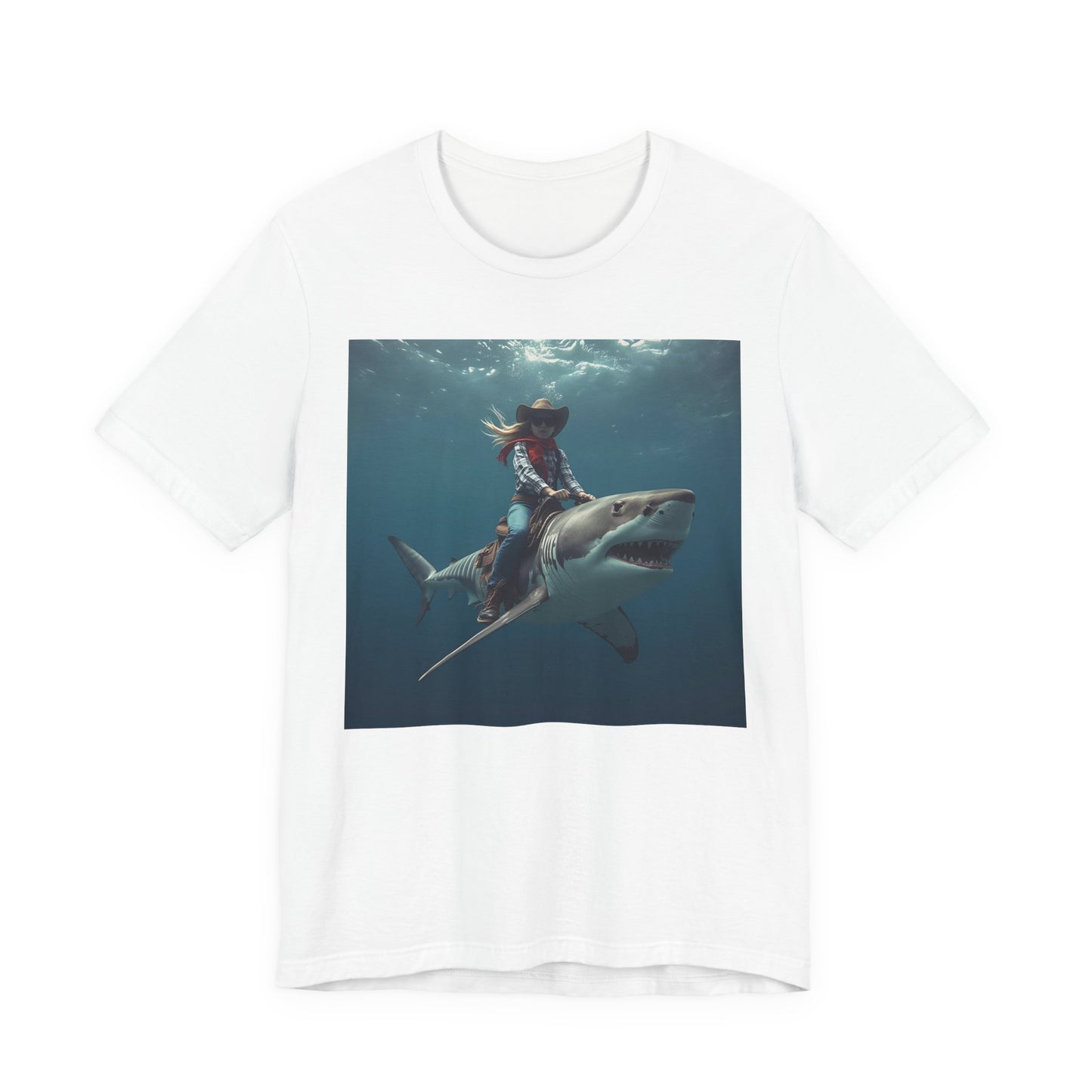 Shark Rider Graphic Tee — Surfer Girl Riding Shark Ocean Photo T-Shirt