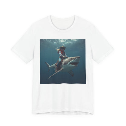 Shark Rider Graphic Tee — Surfer Girl Riding Shark Ocean Photo T-Shirt