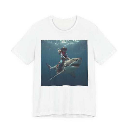Shark Rider Graphic Tee — Surfer Girl Riding Shark Ocean Photo T-Shirt
