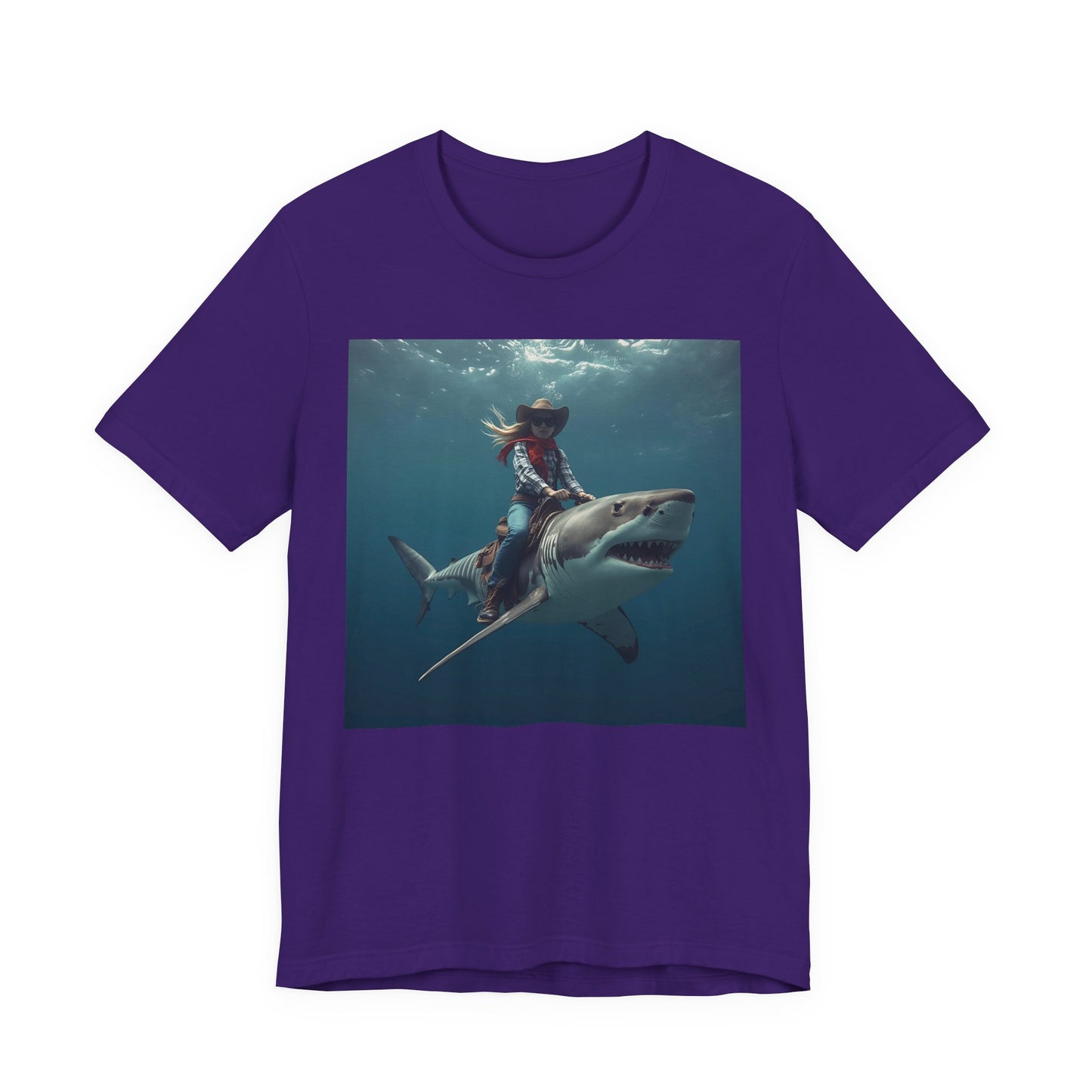 Shark Rider Graphic Tee — Surfer Girl Riding Shark Ocean Photo T-Shirt