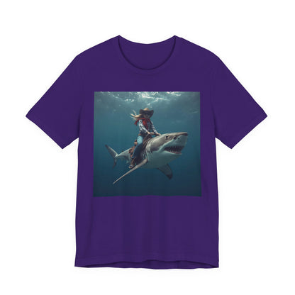 Shark Rider Graphic Tee — Surfer Girl Riding Shark Ocean Photo T-Shirt