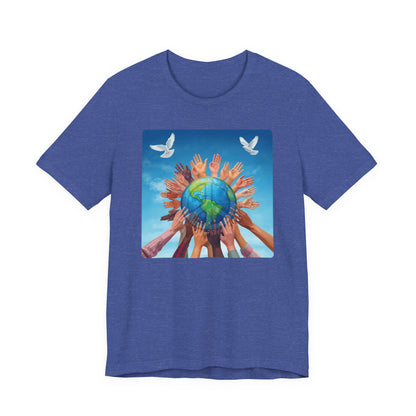Earth Unity T-Shirt — Hands Raising Globe with Doves Eco Peace Tee