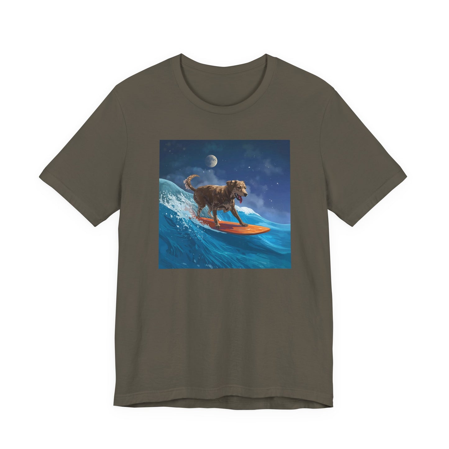 Surfing Dog T‑Shirt — Night Ocean Canine Surf Graphic Tee