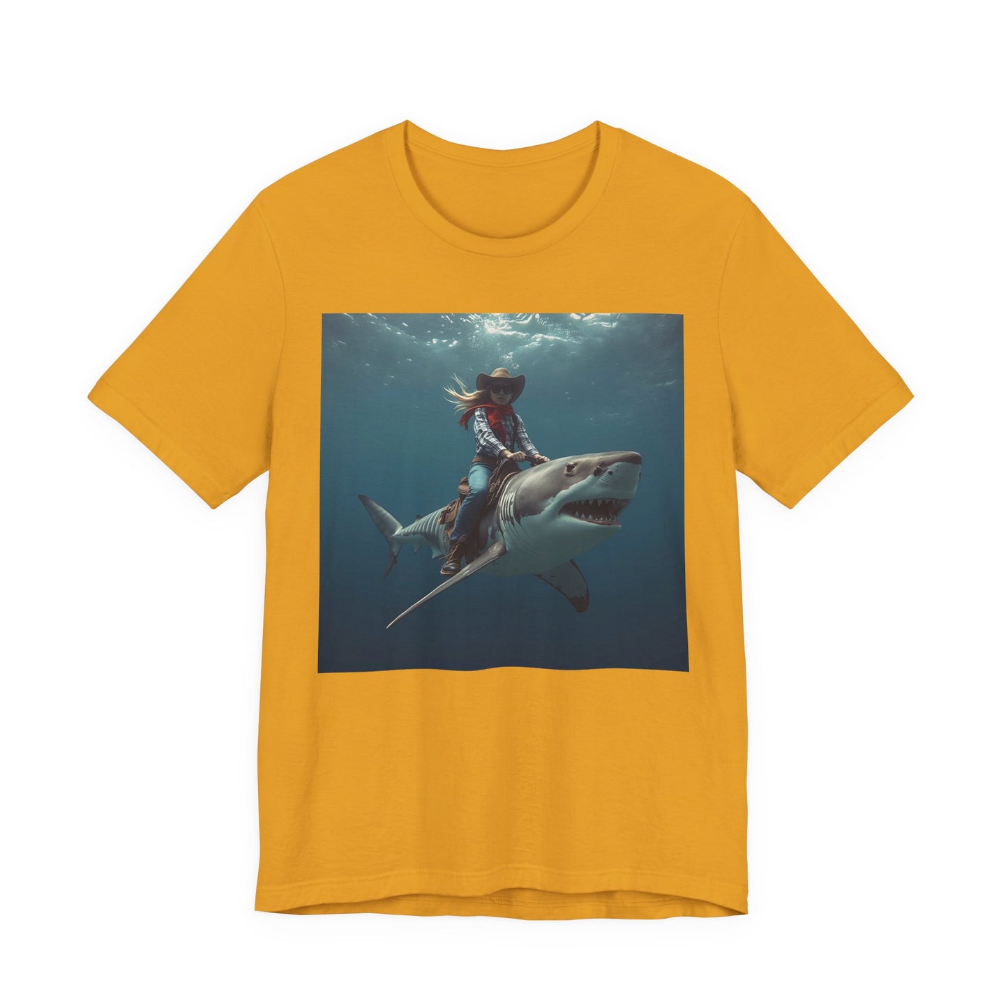 Shark Rider Graphic Tee — Surfer Girl Riding Shark Ocean Photo T-Shirt