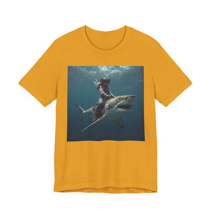 Shark Rider Graphic Tee — Surfer Girl Riding Shark Ocean Photo T-Shirt