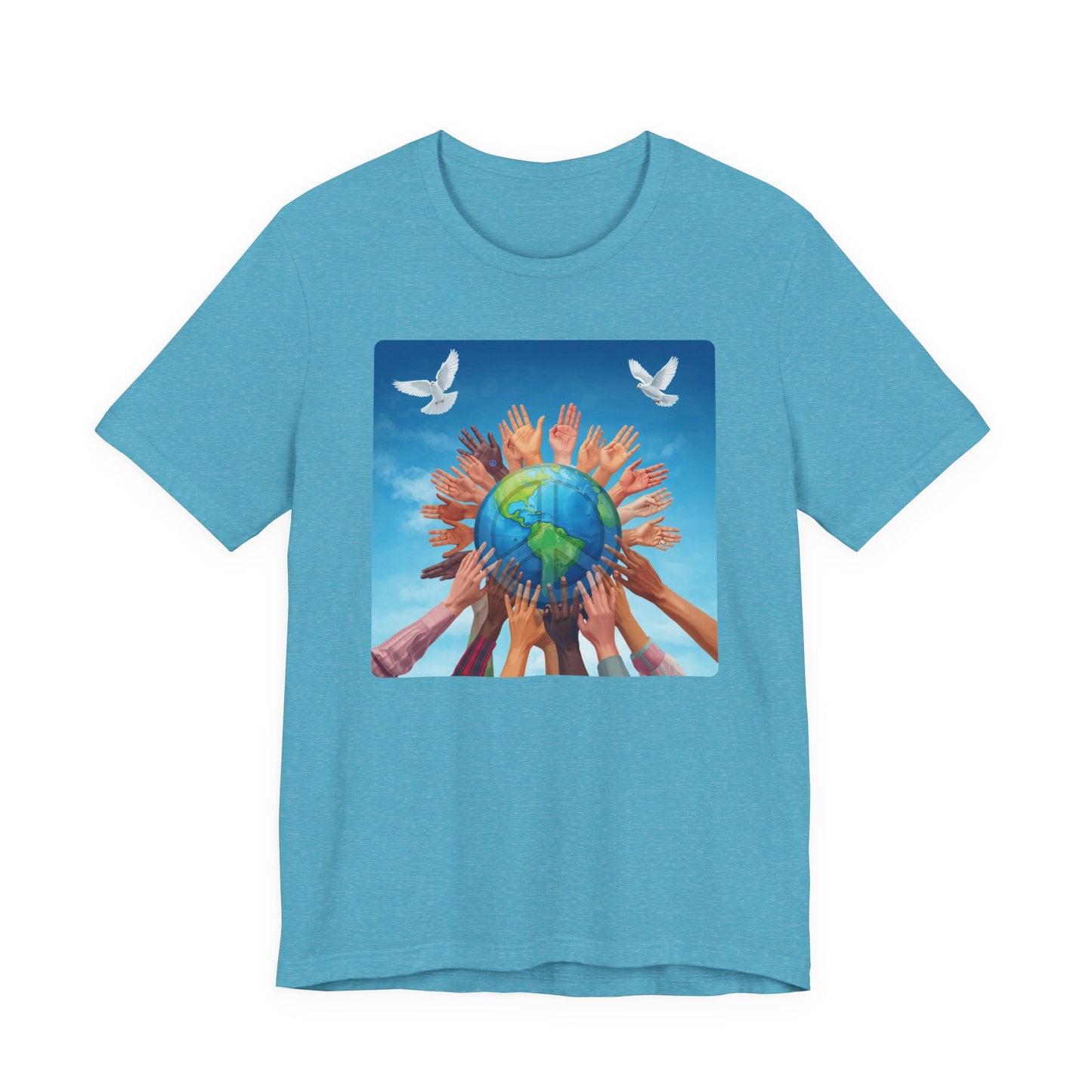Earth Unity T-Shirt — Hands Raising Globe with Doves Eco Peace Tee