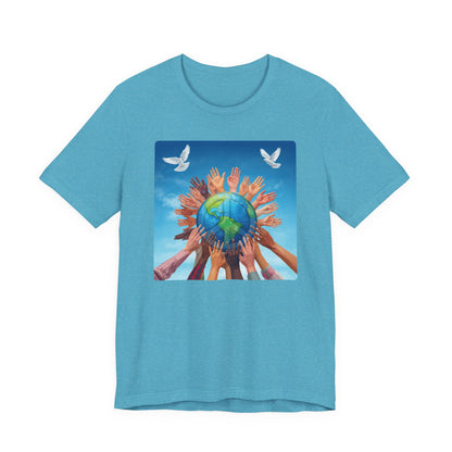 Earth Unity T-Shirt — Hands Raising Globe with Doves Eco Peace Tee