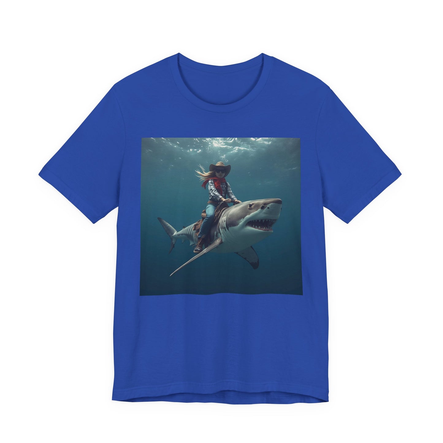 Shark Rider Graphic Tee — Surfer Girl Riding Shark Ocean Photo T-Shirt