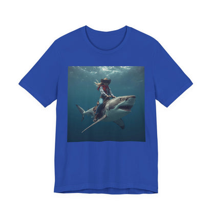 Shark Rider Graphic Tee — Surfer Girl Riding Shark Ocean Photo T-Shirt