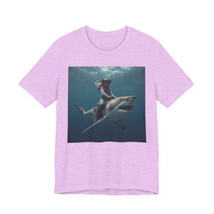 Shark Rider Graphic Tee — Surfer Girl Riding Shark Ocean Photo T-Shirt