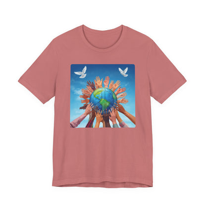 Earth Unity T-Shirt — Hands Raising Globe with Doves Eco Peace Tee