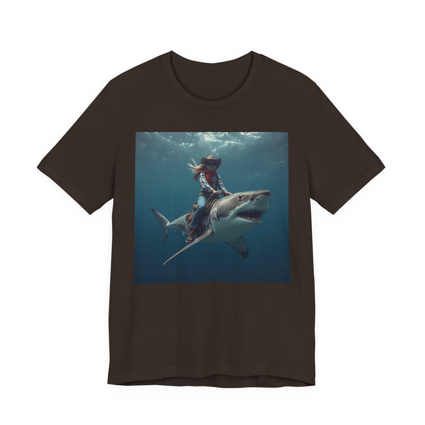 Shark Rider Graphic Tee — Surfer Girl Riding Shark Ocean Photo T-Shirt