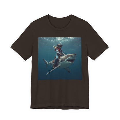 Shark Rider Graphic Tee — Surfer Girl Riding Shark Ocean Photo T-Shirt