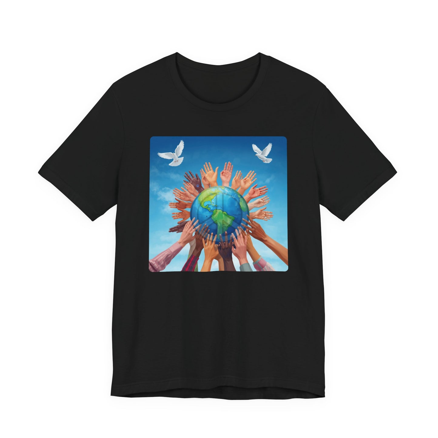 Earth Unity T-Shirt — Hands Raising Globe with Doves Eco Peace Tee