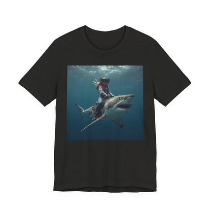 Shark Rider Graphic Tee — Surfer Girl Riding Shark Ocean Photo T-Shirt
