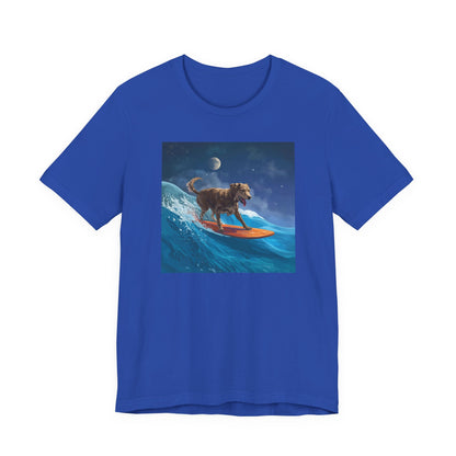 Surfing Dog T‑Shirt — Night Ocean Canine Surf Graphic Tee