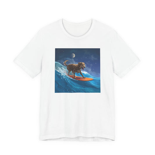 Surfing Dog T‑Shirt — Night Ocean Canine Surf Graphic Tee