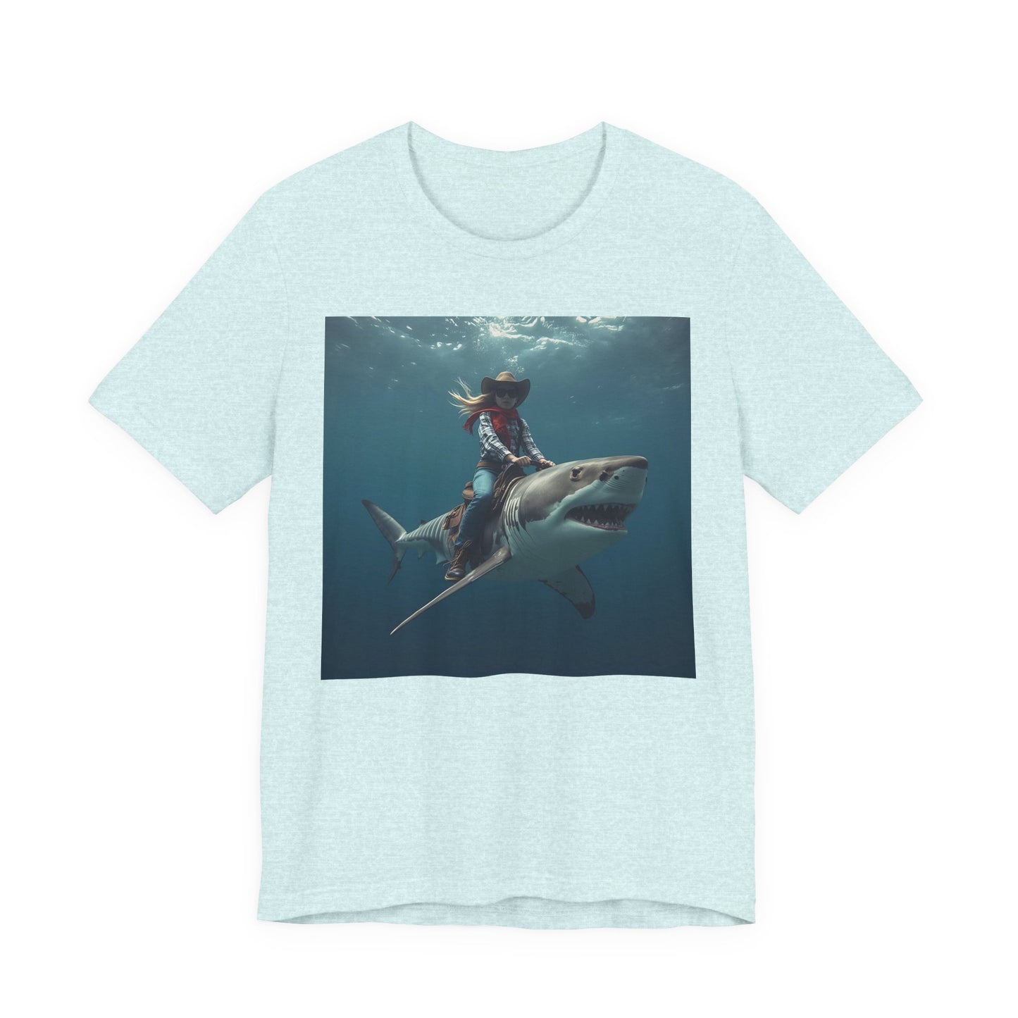 Shark Rider Graphic Tee — Surfer Girl Riding Shark Ocean Photo T-Shirt