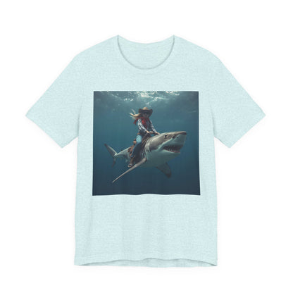 Shark Rider Graphic Tee — Surfer Girl Riding Shark Ocean Photo T-Shirt