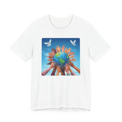 Earth Unity T-Shirt — Hands Raising Globe with Doves Eco Peace Tee