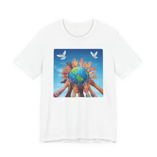 Earth Unity T-Shirt — Hands Raising Globe with Doves Eco Peace Tee
