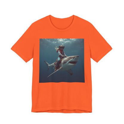 Shark Rider Graphic Tee — Surfer Girl Riding Shark Ocean Photo T-Shirt