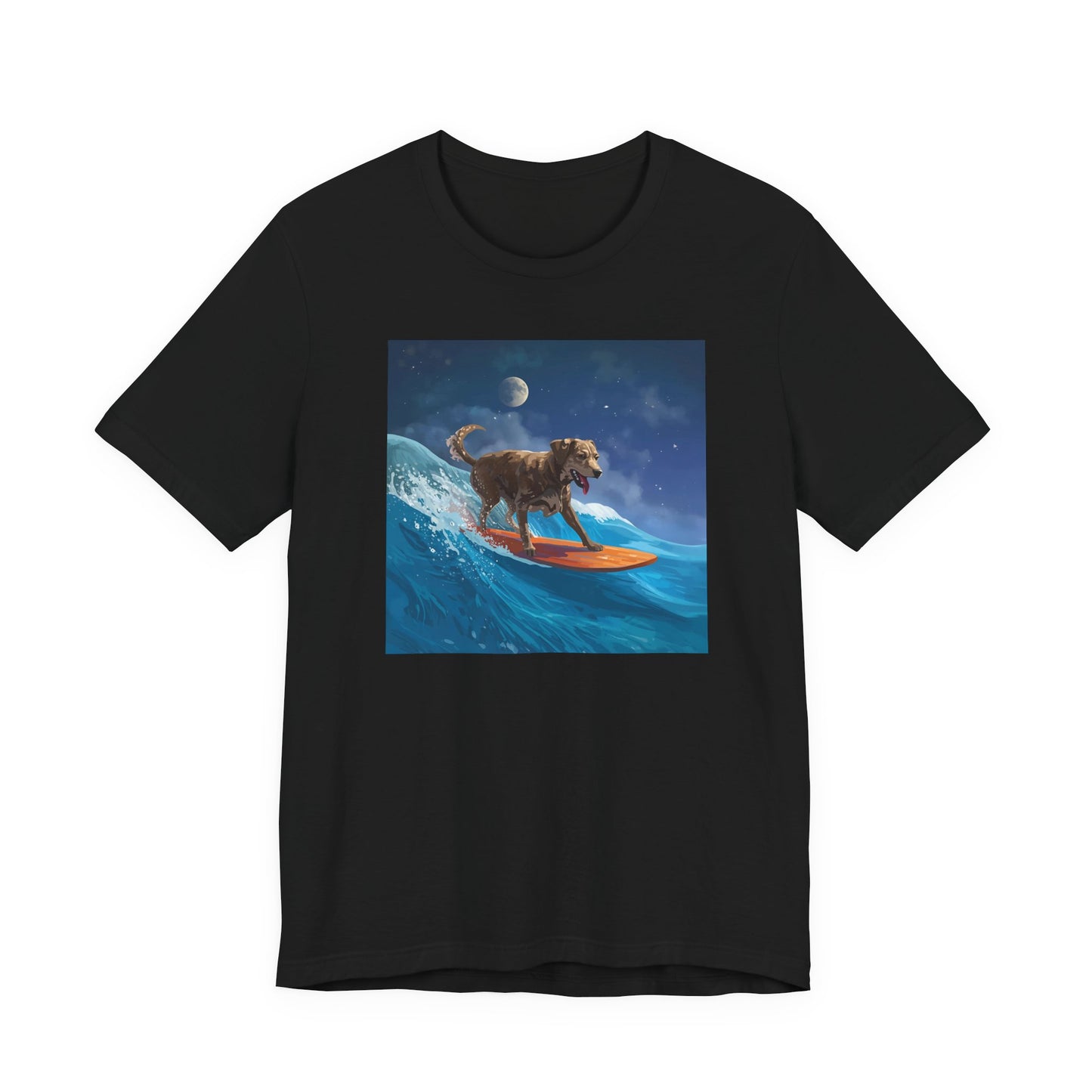 Surfing Dog T‑Shirt — Night Ocean Canine Surf Graphic Tee
