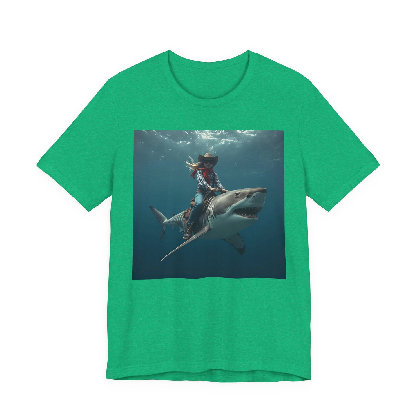 Shark Rider Graphic Tee — Surfer Girl Riding Shark Ocean Photo T-Shirt