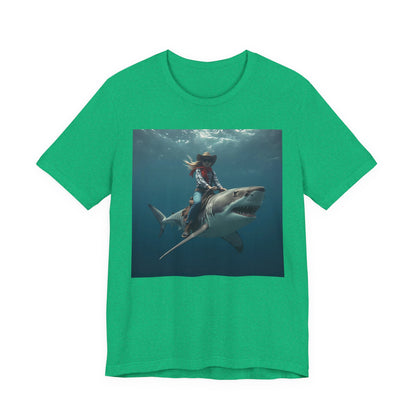 Shark Rider Graphic Tee — Surfer Girl Riding Shark Ocean Photo T-Shirt